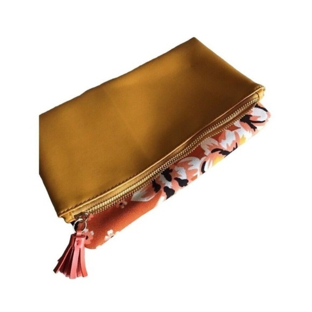 Rachel Pally Mustard Yellow Floral Canvas Foldover‎ Clutch Bag with Tassel